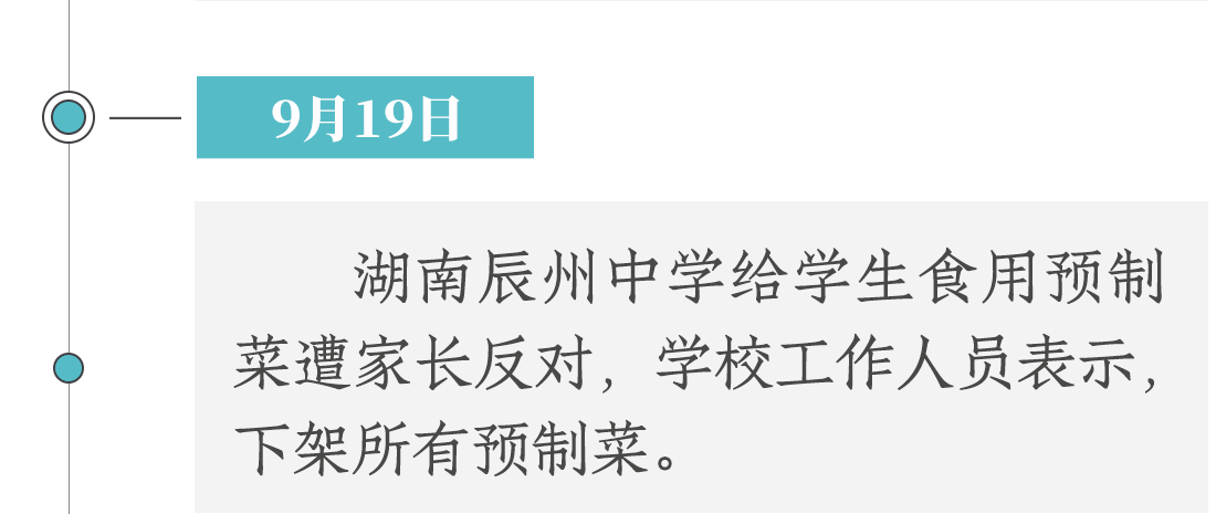 9月19日，湖南辰州中學(xué)使用預(yù)制菜遭家長反對，學(xué)校工作人員表示下架所有預(yù)制菜。