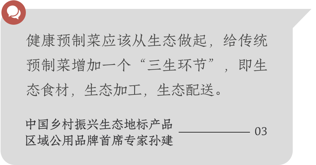 健康預(yù)制菜應(yīng)該從生態(tài)做起，給傳統(tǒng)預(yù)制菜增加一個(gè)“三生環(huán)節(jié)”，即生態(tài)食材，生態(tài)加工，生態(tài)配送。中國(guó)鄉(xiāng)村振興生態(tài)地標(biāo)產(chǎn)品
區(qū)域公用品牌首席專家孫建